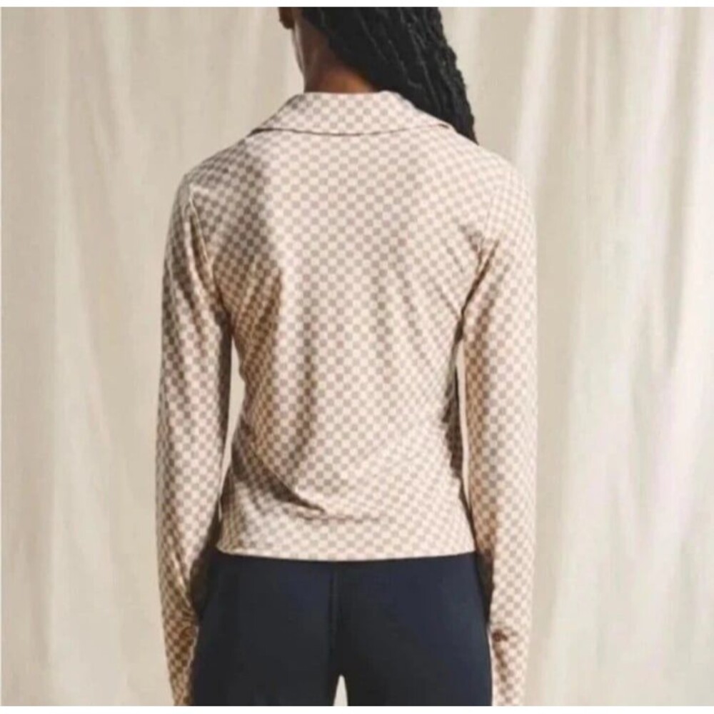 Abercrombie & Fitch Tan & White Checkered Collared Long Sleeve Button-up Top S - Picture 2 of 10